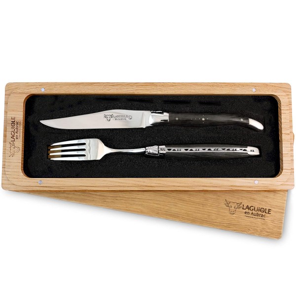 1 Premium Steakmesser und 1 Gabel Set Mooreiche