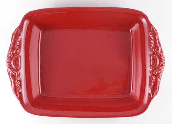Große rechteckige Form mit Blüten 38 cm, Keramik emailliert rot
