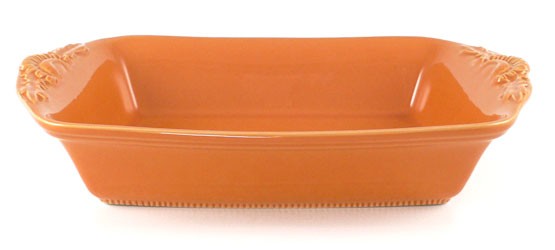 Mittlere rechteckige Form mit Blüten 31 cm, Keramik emailliert orange