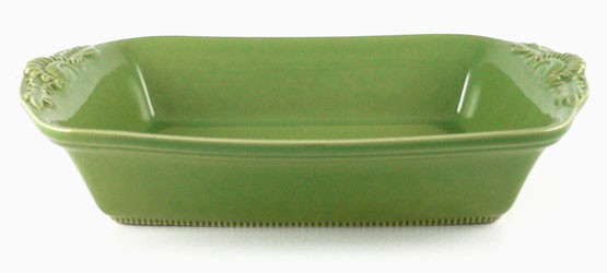 Kleine rechteckige Form mit Blüten 26 cm, Keramik emailliert grün