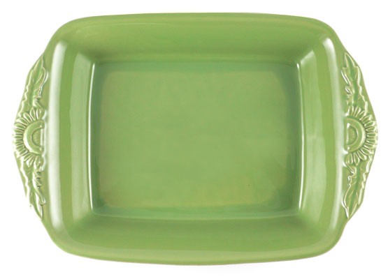 Große rechteckige Form mit Blüten 38 cm, Keramik emailliert grün