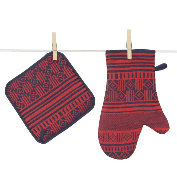 Topflappen und Handschuh gewebt Licq korallenrot marineblau