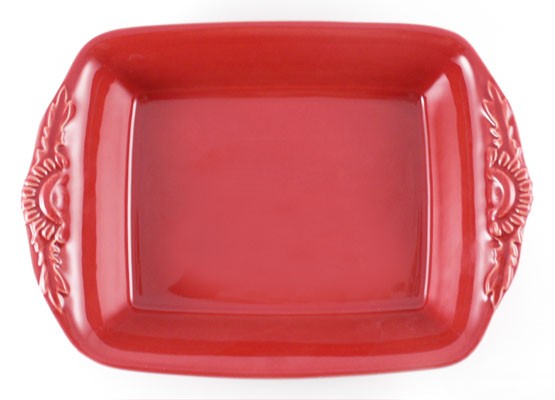 Mittlere rechteckige Form mit Blüten 31 cm, Keramik emailliert rot