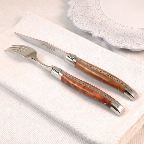 2 Premium Steakmesser und 2 Gabeln Set Amboina Wurzelholz