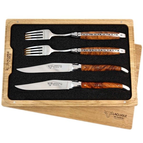 2 Premium Steakmesser und 2 Gabeln Set Amboina Wurzelholz