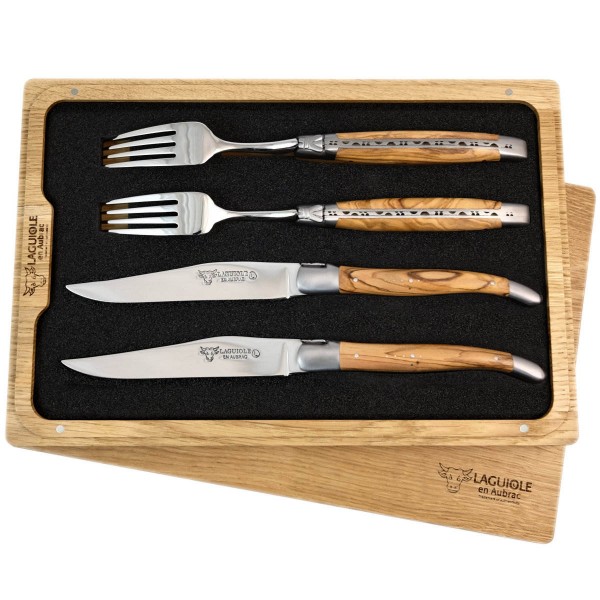 2 Premium Steakmesser und 2 Gabeln Set Olivenholz