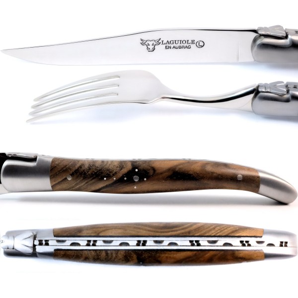 2 Premium Steakmesser und 2 Gabeln Set Walnuss Wurzelholz