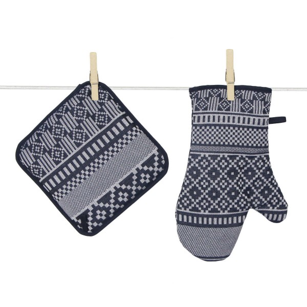 Topflappen und Handschuh gewebt Licq marineblau weiß