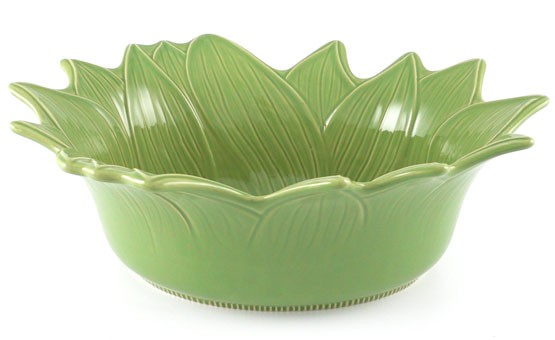 Große Schüssel in Blütenform 35 cm, Keramik emailliert grün