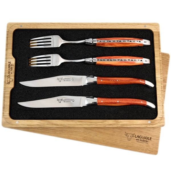 2 Premium Steakmesser und 2 Gabeln Set Rosenholz