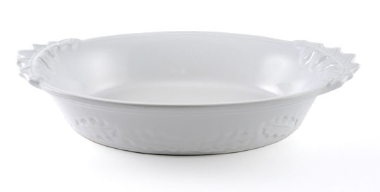 Mittlere Auflaufform mit Eichenlaub 37 cm, Keramik emailliert weiß