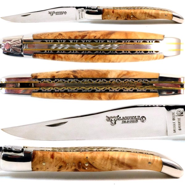 Ahorn Wurzelholz dunkel Doppelplatinen Stahl/Messing 12C27 Stahl