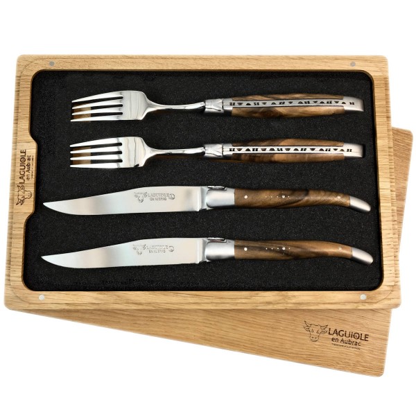 2 Premium Steakmesser und 2 Gabeln Set Walnuss Wurzelholz