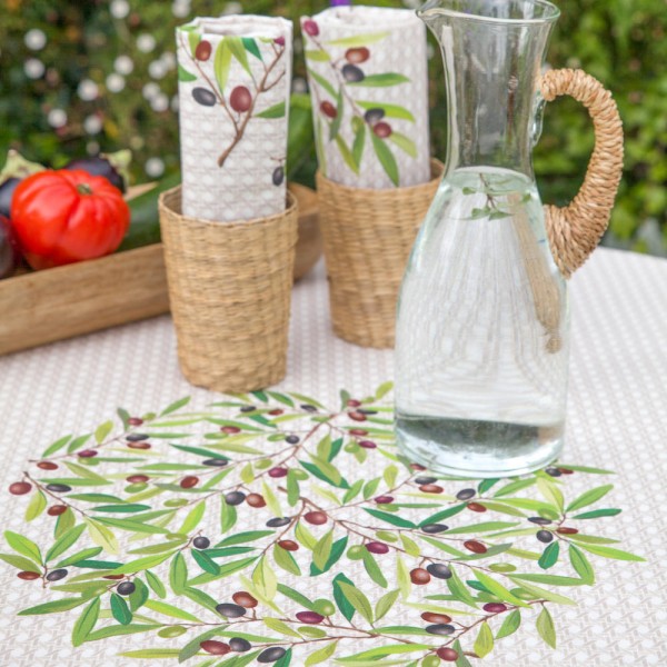 Tischdecke beschichtet rund 180 cm natur Nyons Oliven