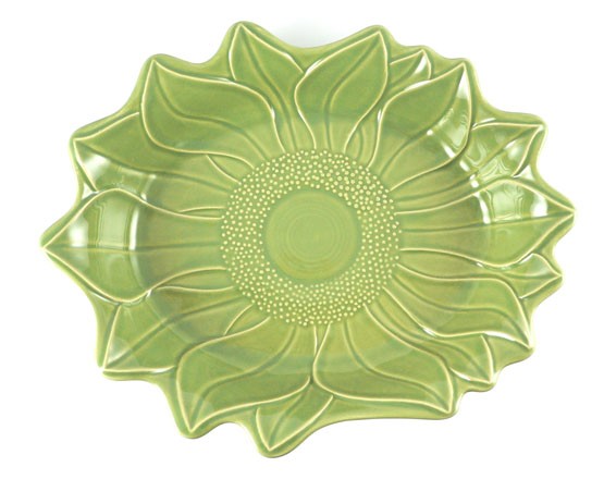 Flache Schale in Blütenform 32,5 cm, Keramik emailliert grün