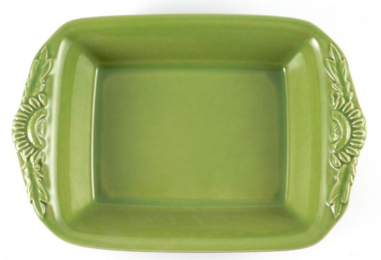 Kleine rechteckige Form mit Blüten 26 cm, Keramik emailliert grün