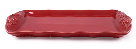 Servierplatte, Grillplatte mit Blüten 35 cm, Keramik emailliert rot