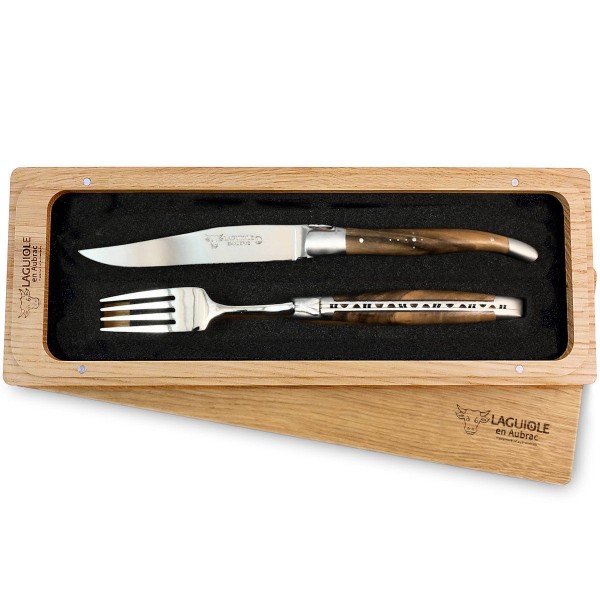 1 Premium Steakmesser und 1 Gabel Set Walnuss Wurzelholz