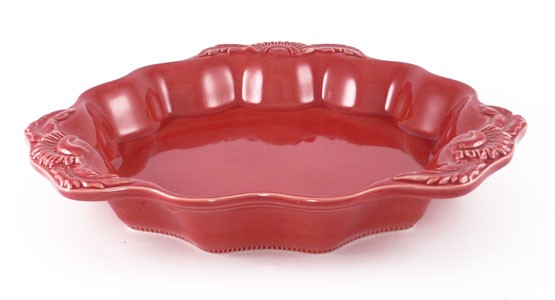 Tarteform mit Blüten 25 cm, Keramik emailliert rot