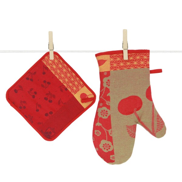 Topflappen und Handschuh gewebt Kirschen