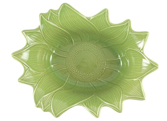Große Schüssel in Blütenform 35 cm, Keramik emailliert grün