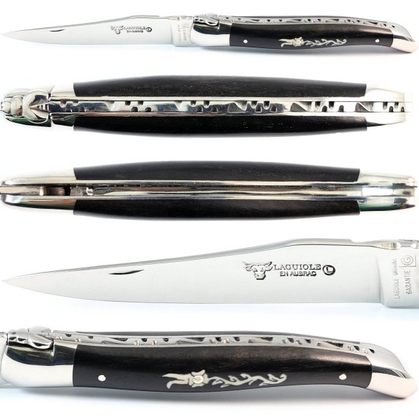 Ebenholz Elfenbein-Intarsien Blume mit Diamant in Silber 12C27 Stahl