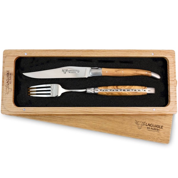 1 Premium Steakmesser und 1 Gabel Set Olivenholz