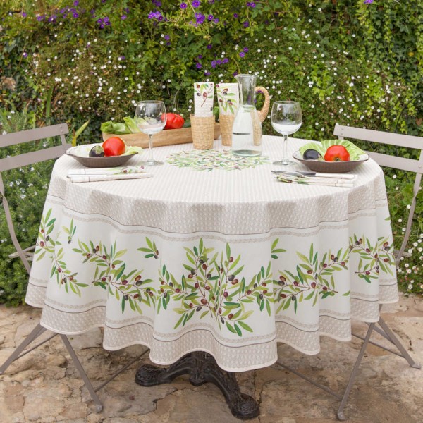 Tischdecke beschichtet rund 180 cm natur Nyons Oliven
