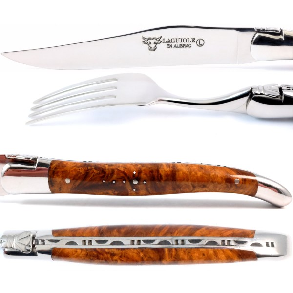 2 Premium Steakmesser und 2 Gabeln Set Amboina Wurzelholz