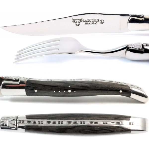 2 Premium Steakmesser und 2 Gabeln Set fossile Mooreiche