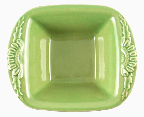 Kleine quadratische Form mit Blüten 18,5 cm, Keramik emailliert grün