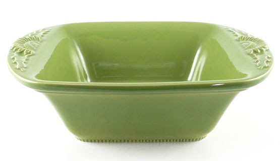 Große quadratische Form mit Blüten 28,5 cm, Keramik emailliert grün