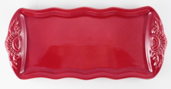 Servierplatte, Grillplatte mit Blüten 35 cm, Keramik emailliert rot