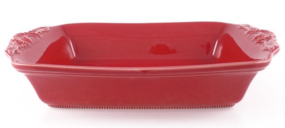 Große rechteckige Form mit Blüten 38 cm, Keramik emailliert rot