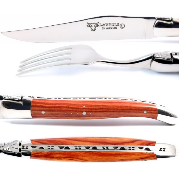 2 Premium Steakmesser und 2 Gabeln Set Rosenholz