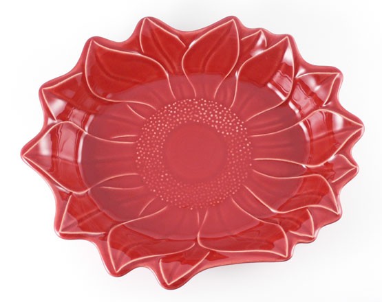 Flache Schale in Blütenform 32,5 cm, Keramik emailliert rot