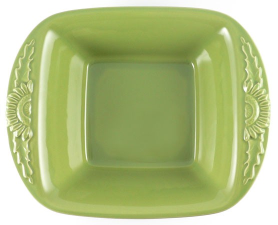 Große quadratische Form mit Blüten 28,5 cm, Keramik emailliert grün