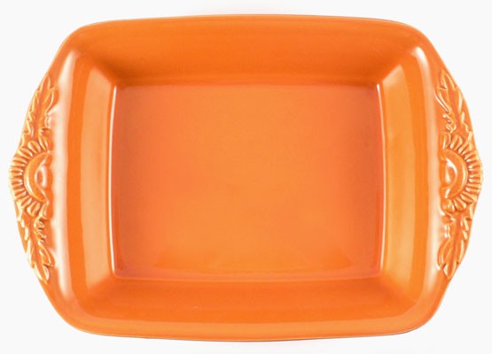 Mittlere rechteckige Form mit Blüten 31 cm, Keramik emailliert orange