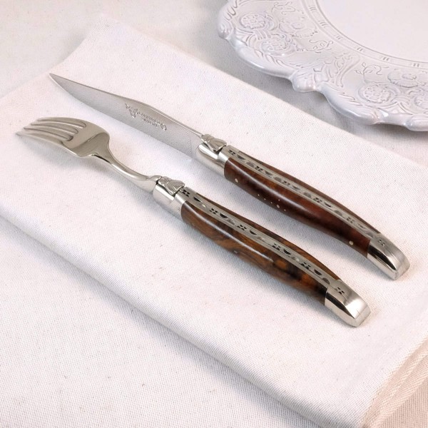 2 Premium Steakmesser und 2 Gabeln Set Wüsteneisenholz Wurzelholz
