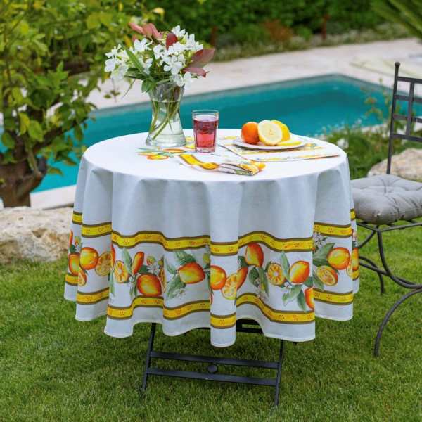 Tischdecke beschichtet rund 180 cm weiß Zitronen