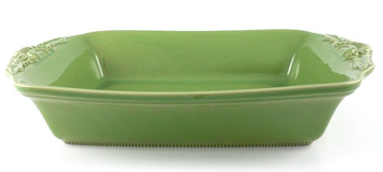 Große rechteckige Form mit Blüten 38 cm, Keramik emailliert grün