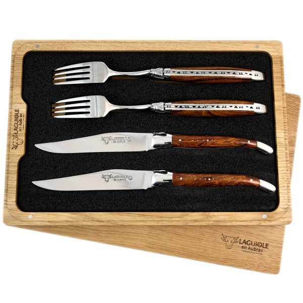 2 Premium Steakmesser und 2 Gabeln Set Wüsteneisenholz Wurzelholz