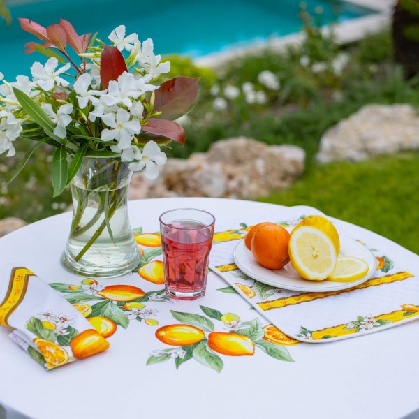 Tischdecke beschichtet rund 180 cm weiß Zitronen