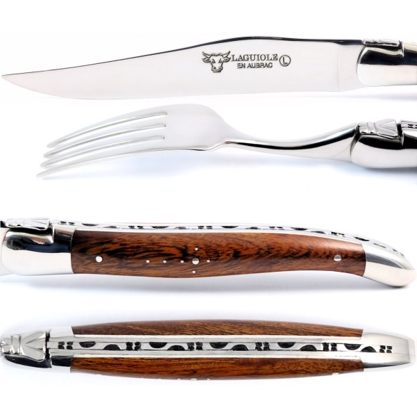 2 Premium Steakmesser und 2 Gabeln Set Wüsteneisenholz Wurzelholz