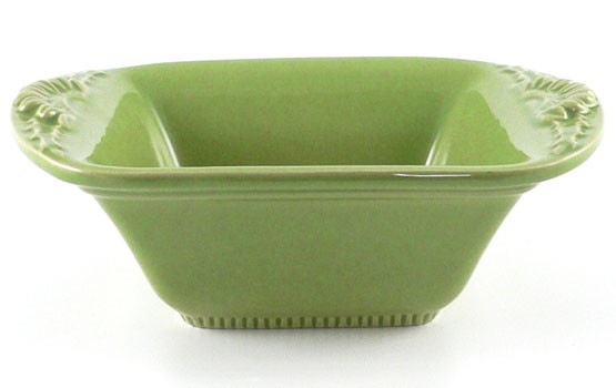 Kleine quadratische Form mit Blüten 18,5 cm, Keramik emailliert grün