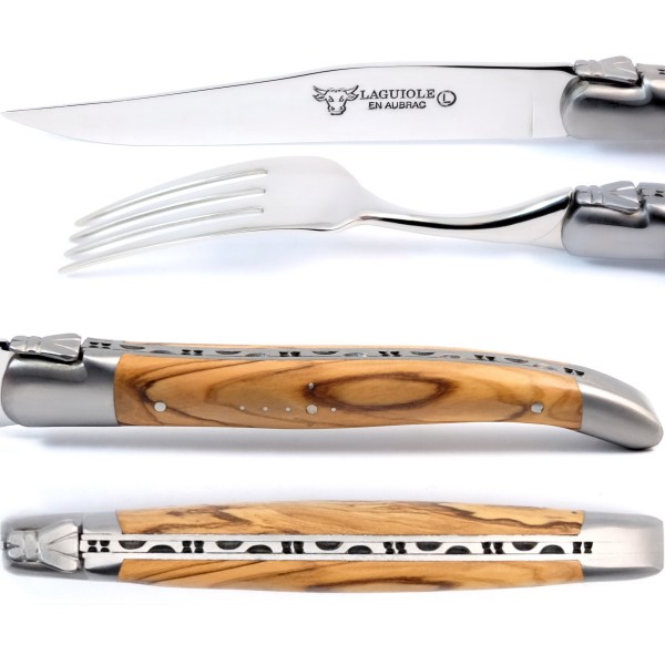 2 Premium Steakmesser und 2 Gabeln Set Olivenholz