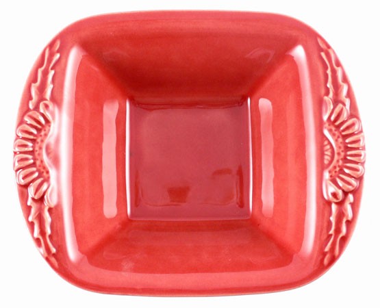 Kleine quadratische Form mit Blüten 18,5 cm, Keramik emailliert rot