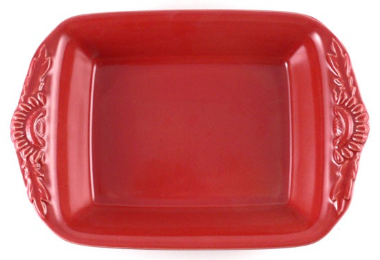 Kleine rechteckige Form mit Blüten 26 cm, Keramik emailliert rot