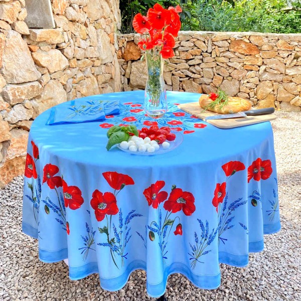Tischdecke beschichtet rund 180 cm Mohnblumen Lavendel