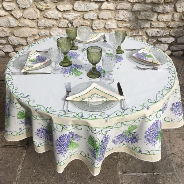 Tischdecke beschichtet rund 180 cm natur Lavendel